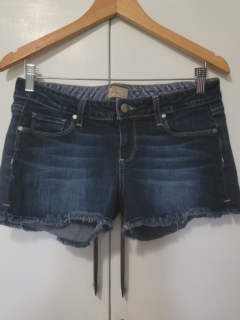 PAIGE Dark Blue Frayed Hem Denim Shorts